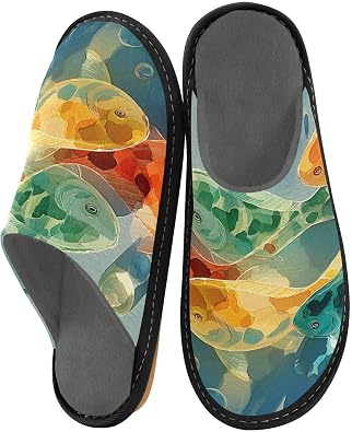 House Slippers Art Koi Print, Outdoor Indoor Unisex Rubber Sole Memory Foam 4-5