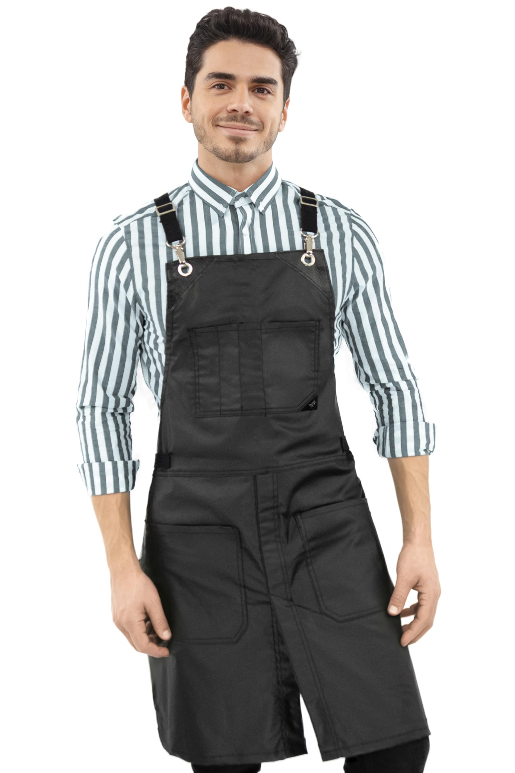 Under NY Sky Cross-Back Black Apron – Chrome Hardware, Coated Twill, Leather Reinforcement, Split-Leg – Adjustable for Men, Women, Pro Barber, Tattoo, Hair Stylist, Barista, Bartender, Server Aprons