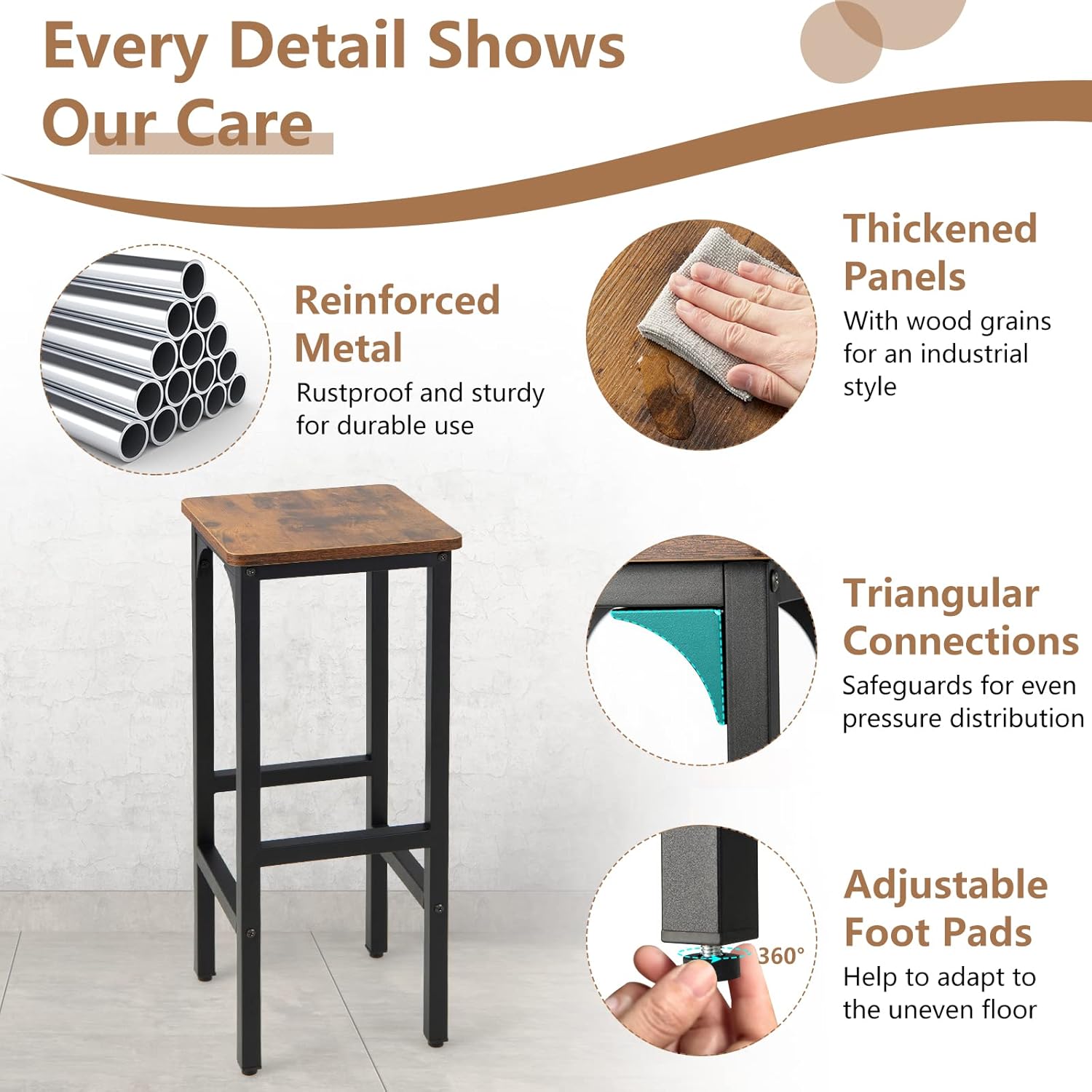 Set of 2 Black and Rustic Brown Adjustable Wood and Metal Bar Stools