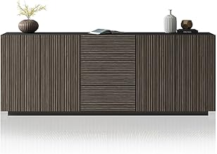 WHOUS COSTE Sideboard and Buffet for Living Room with 4 Doors and 3 Drawers, Canneté Style Sideboard for Living Room and Kitchen, Wood, 220 x 43 x 86 cm, Matt Anthracite and Dark Wood