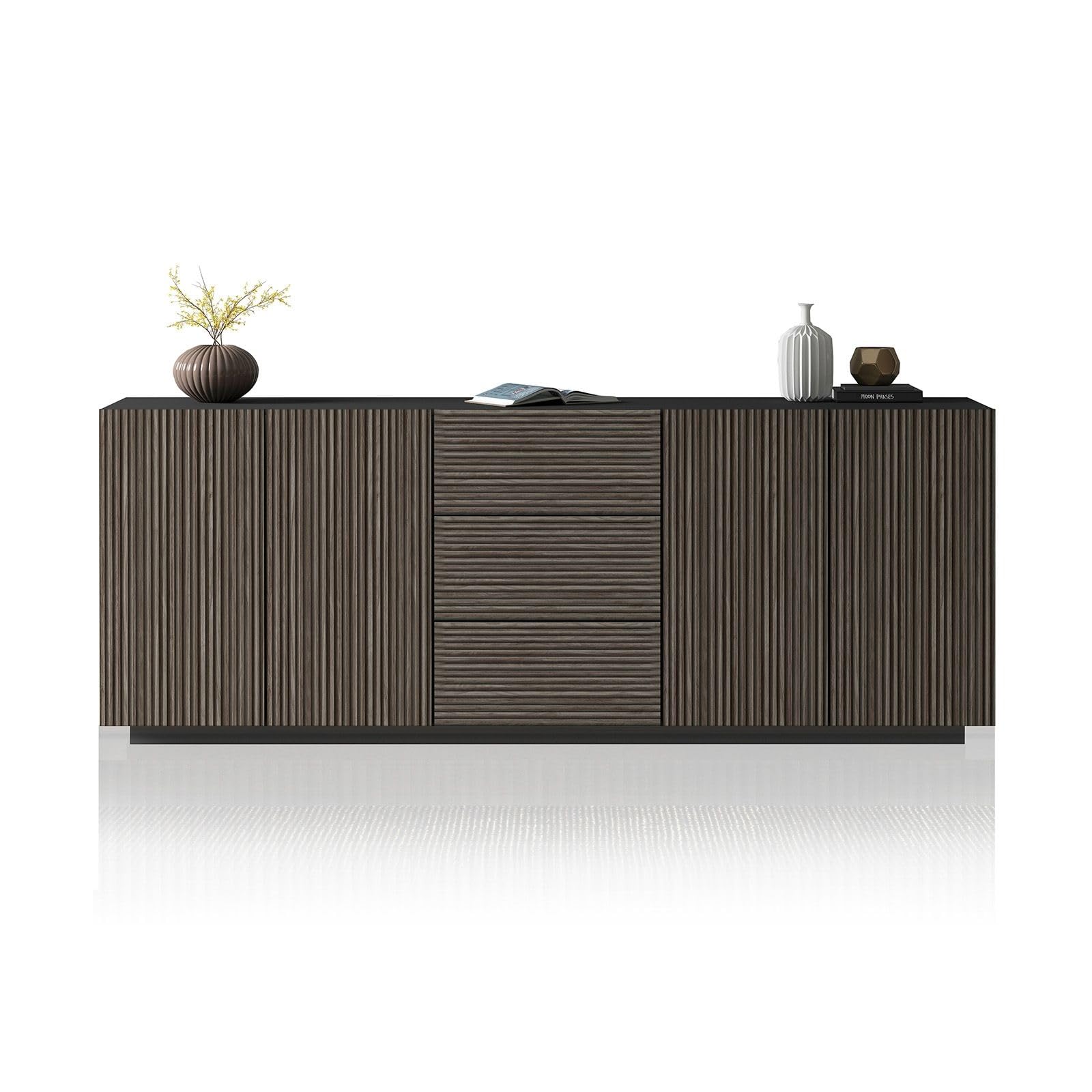 WHOUS Credenza e Buffet COSTE per Soggiorno con 4 Ante e 3 Cassetti, Madia in Stile Canneté per Salotto e Cucina in Legno, 220,1x43x86 cm, Antracite Opaco e Legno Scuro