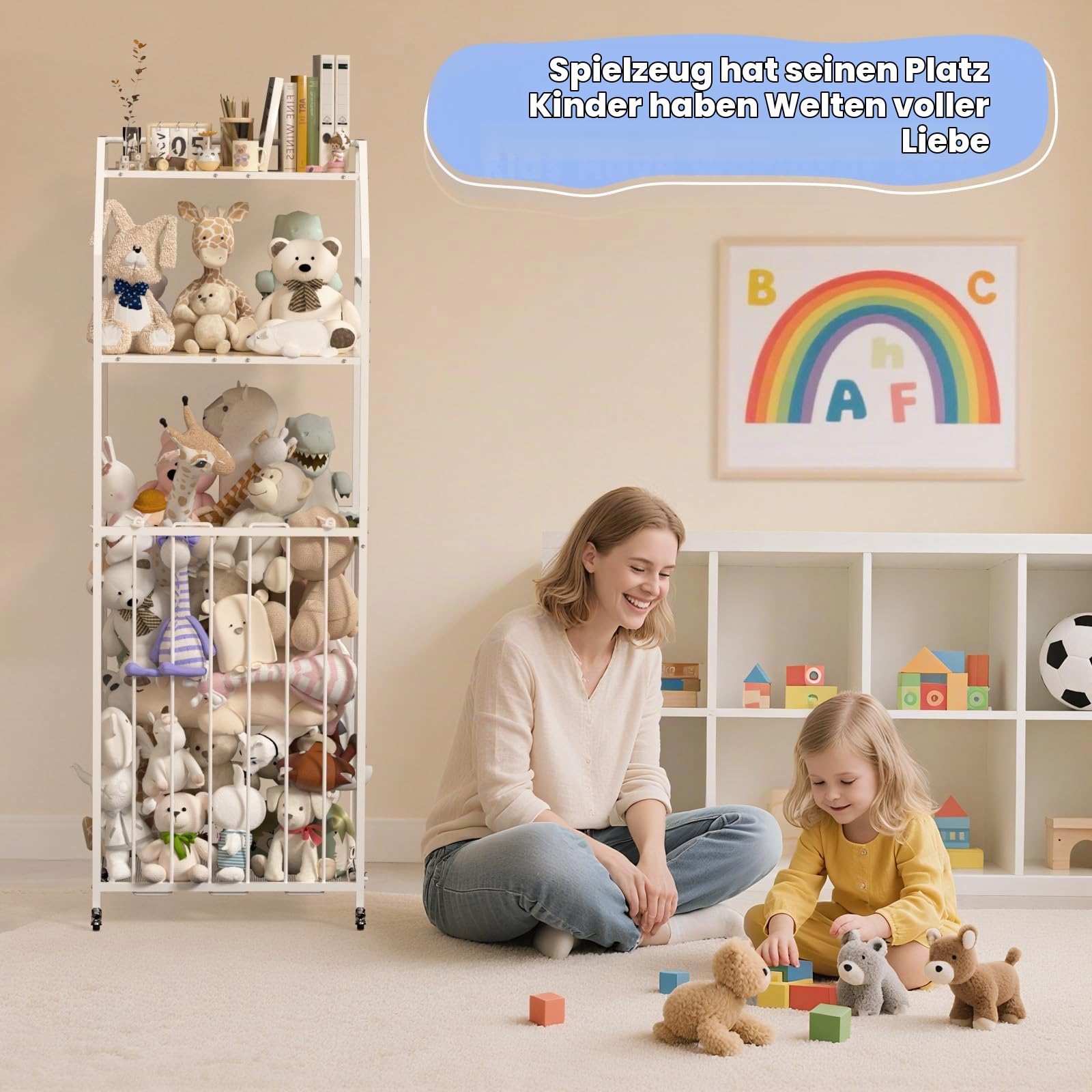 Kuscheltier Aufbewahrung, 3 Stöckig Spielzeug Aufbewahrung mit Bremsrad, Groß Plüschtier Aufbewahrungs de Holz und Metall, Platzsparendes, für Kinderzimmer, Schlafzimmer, Babyzimmer (57,9”H)
