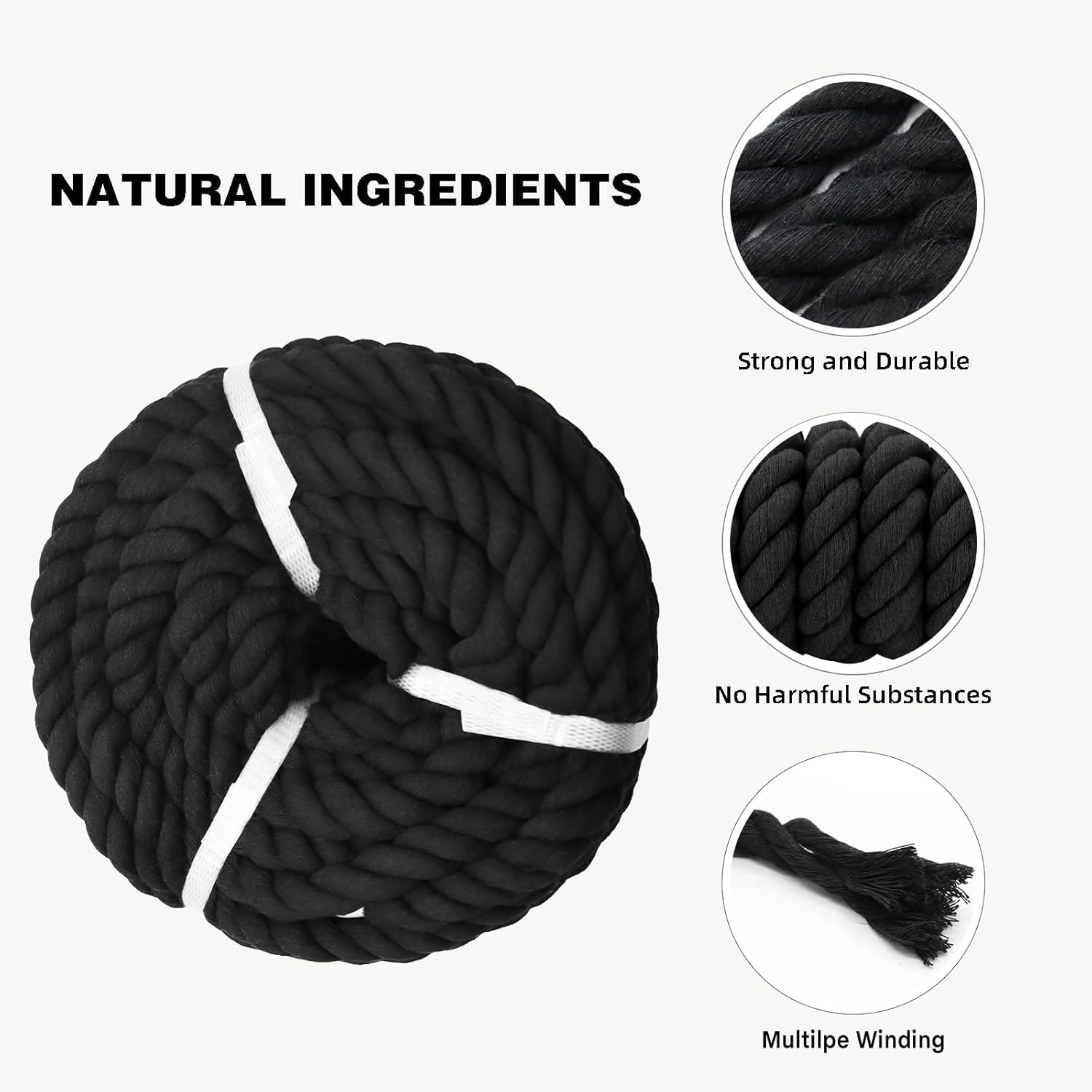 Cotton Rope 3/4 Inch X 100 Feet- Thick Black Rope for Hanging Swing Railing Home Decor Tug of War