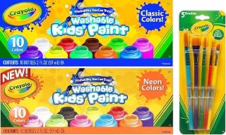 Crayola Washable Kids Paint, Set of 20 Bottles, 10 Classic Colors and 10 Neon Colors, 2-ounce Bottles, and a Crayola 5-count Arts and Crafts Assorted Brush Set
