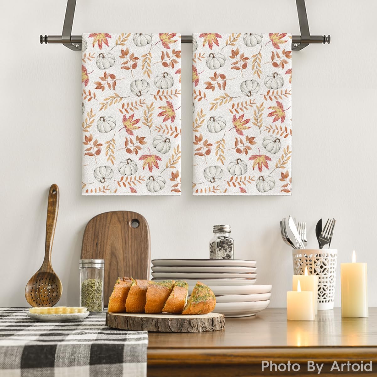 Artoid Mode Orange Leaves Pumpkin Fall Kitchen Towels Dish Towels, 18x26 Inch Farmhouse Decoration Hand Towels Set of 2 - Image 2