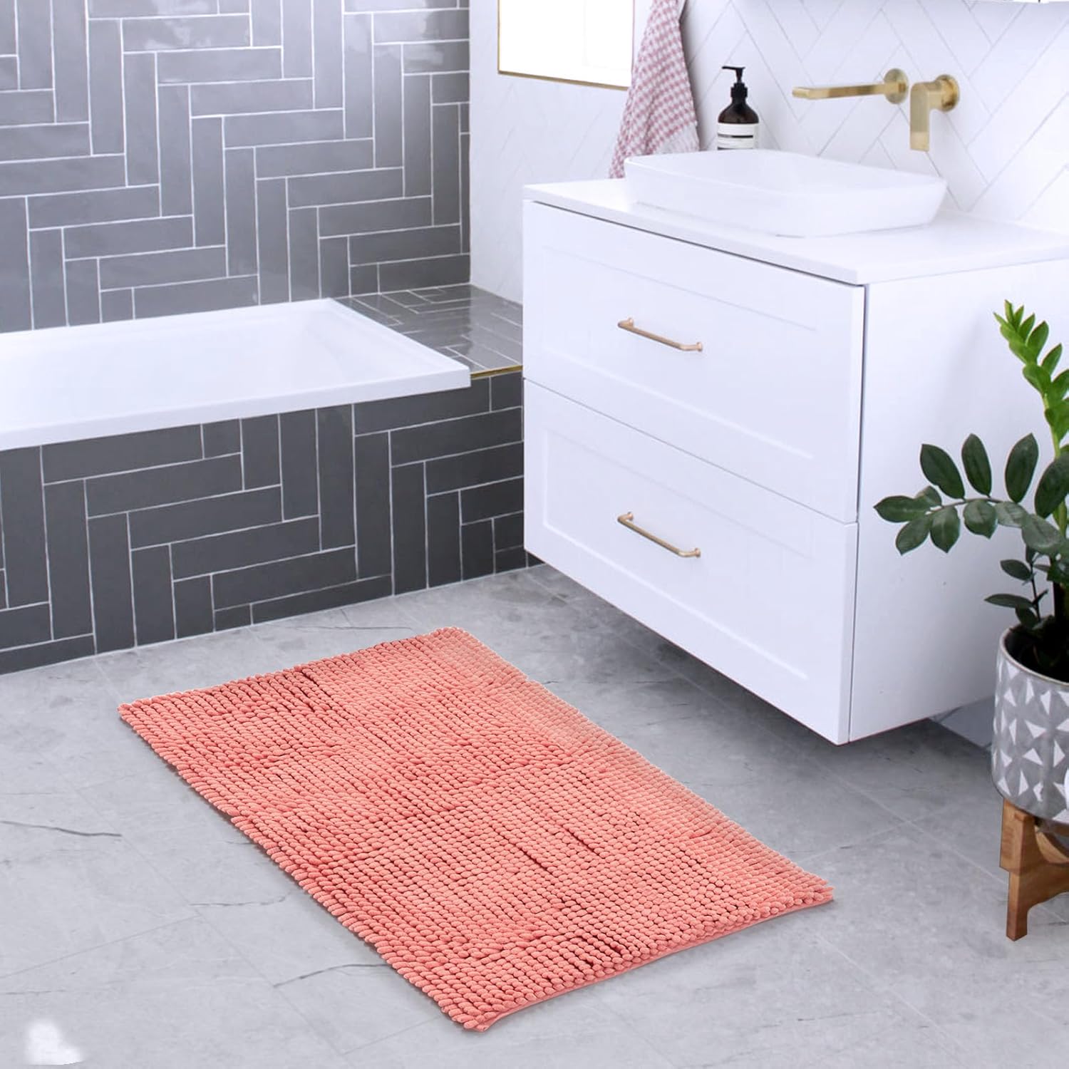 FRESHMINT Chenille Bathroom Rugs Mat 24"x17",Non-Slip Bath Mat for Bathroom Floor & Bathtub, Washable Soft Shower Shag Bath Rugs, Durable Fluffy Thick Water Absorbent Microfiber Shower Mat, Coral - Image 2