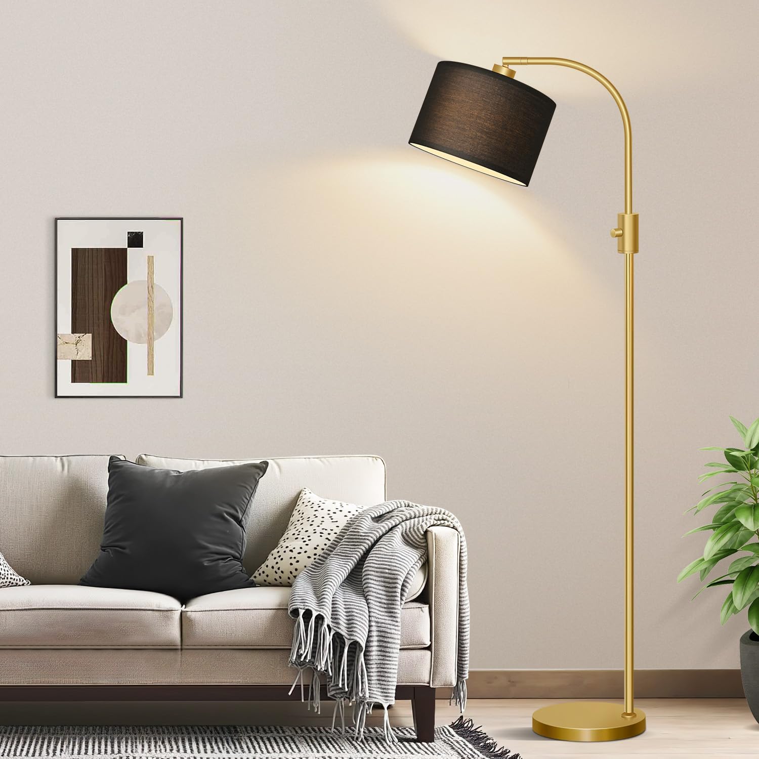 Upgraded Modern Arc Dimmable Tall Standing Floor Lamp with Black Shade, 1200 Lumens LED Bulb Included, for Living & Reading Room, Bedroom, Office & Nursery, Gold
