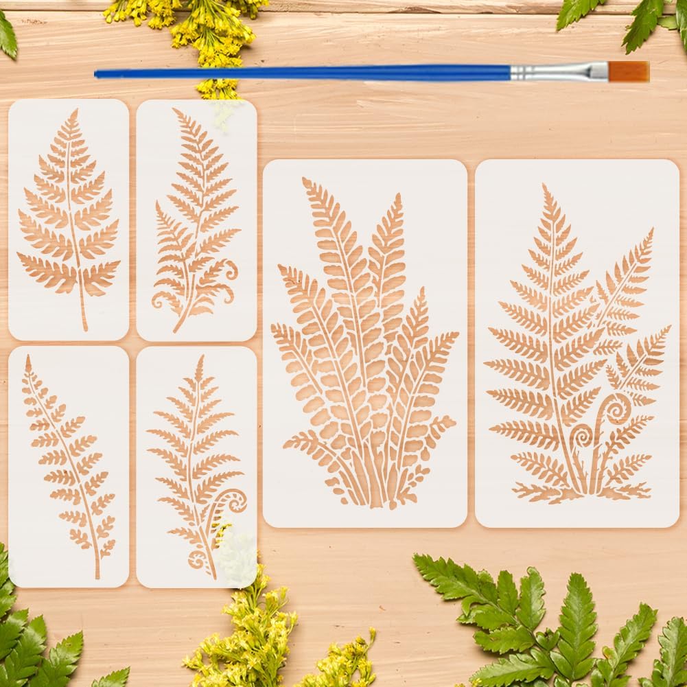 FINGERINSPIRE 6PCS Fern Leaves Stencils with Paint Brush 2 Sizes Single Fern Leaves Stencils Combined Fern Leaf Stencil Leaf Pattern Plant Theme Template for Painting on Wood Wall Canvas Furniture