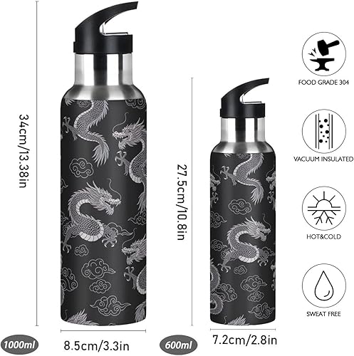 Miniatura 2 de BPA-Free Sports Water Bottle 32 Oz, Stainless Steel Water Bottle for Gym Outdoor Travel School, Dragons Cloud Black