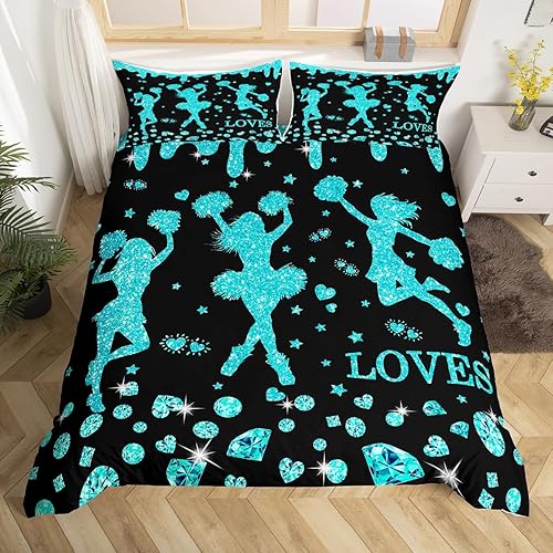 Erosebridal Juego de ropa de cama de animadora para niñas, tamaño individual, funda de edredón de animadora azul, con lentejuelas con purpurina y