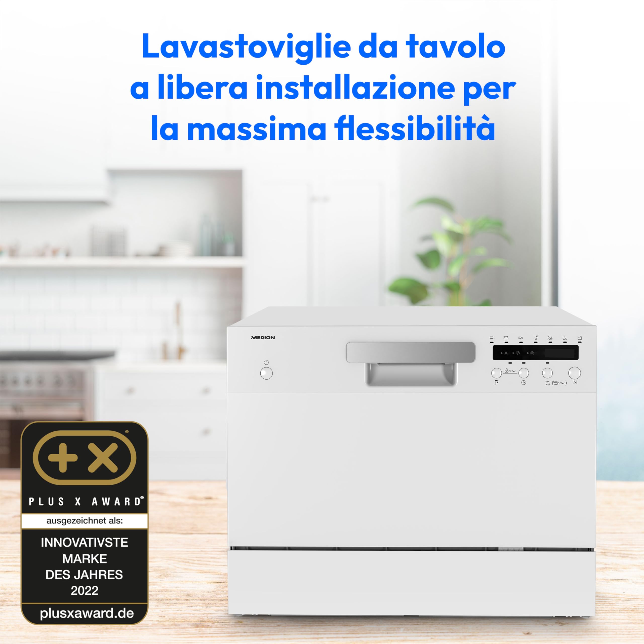 MEDION Lavastoviglie da tavolo DWT60 (capacità 6 coperti, 7 programmi, programma ECO, consumo circa 6,5 litri, AquaStop, display LED, blocco bambini, MD37496) argento