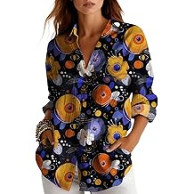 Women's Floral Print Button Down Shirt Long Sleeve Cotton Blend Loose Fit Casual Top with Pockets