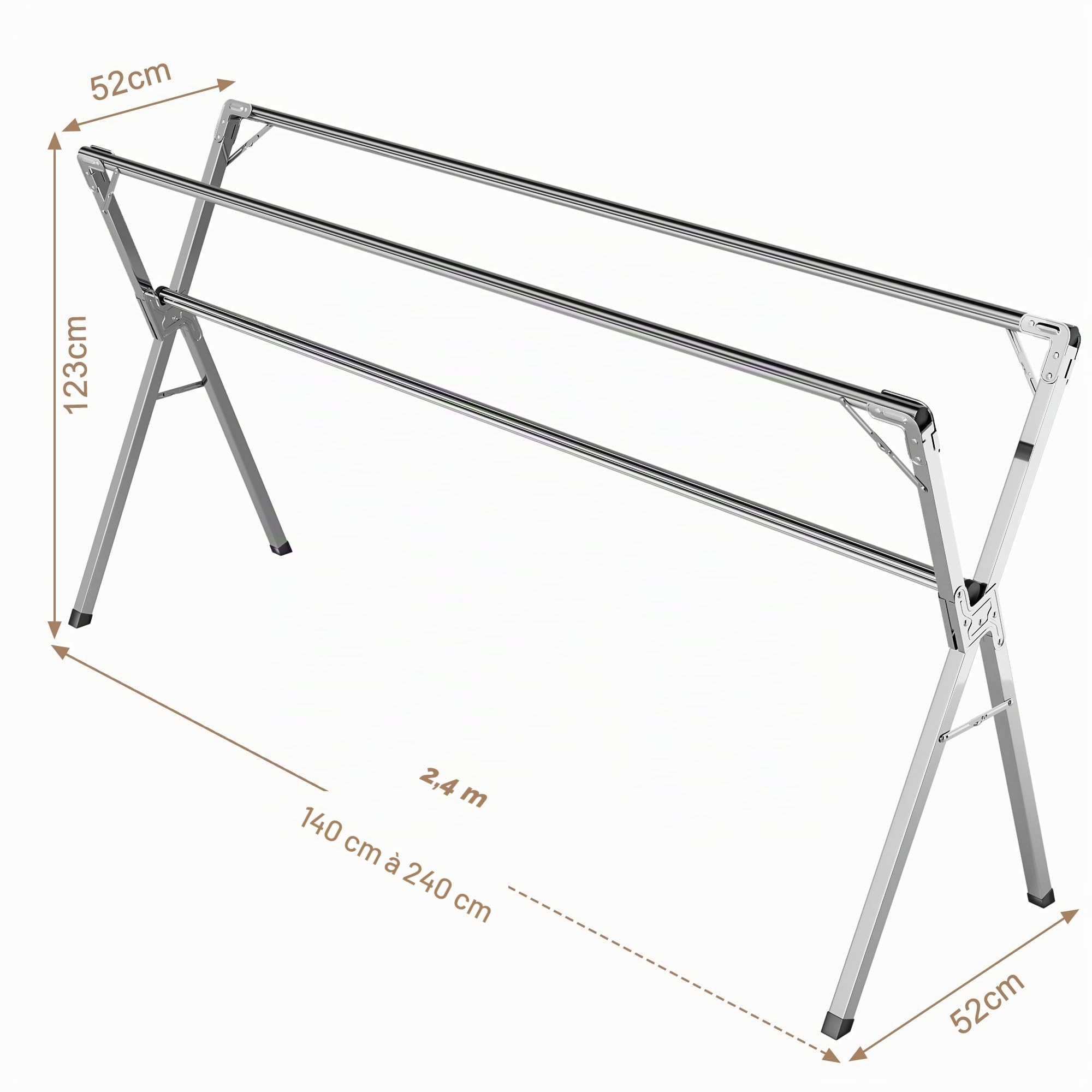 Étendoir à Linge Pliable INOX Type tancarville, etendoir Linge Interieur et Exterieur, sechoir a Linge reglable 140–240 cm, Grande capacite, Jusqu’à 60 kg par Barre, avec 40 Crochets Coupe Vent