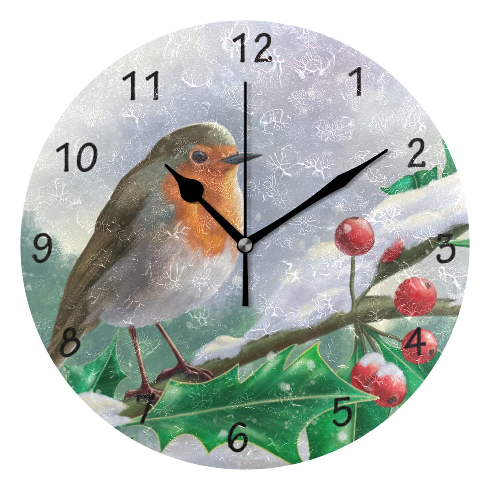 Mnsruu Non Ticking Silent Clocks,Battery Operated Decorative Round Wall Clock 25 CM for Kitchen, Living Room, European Robin Perched on A Branch in A Snowy Landscape