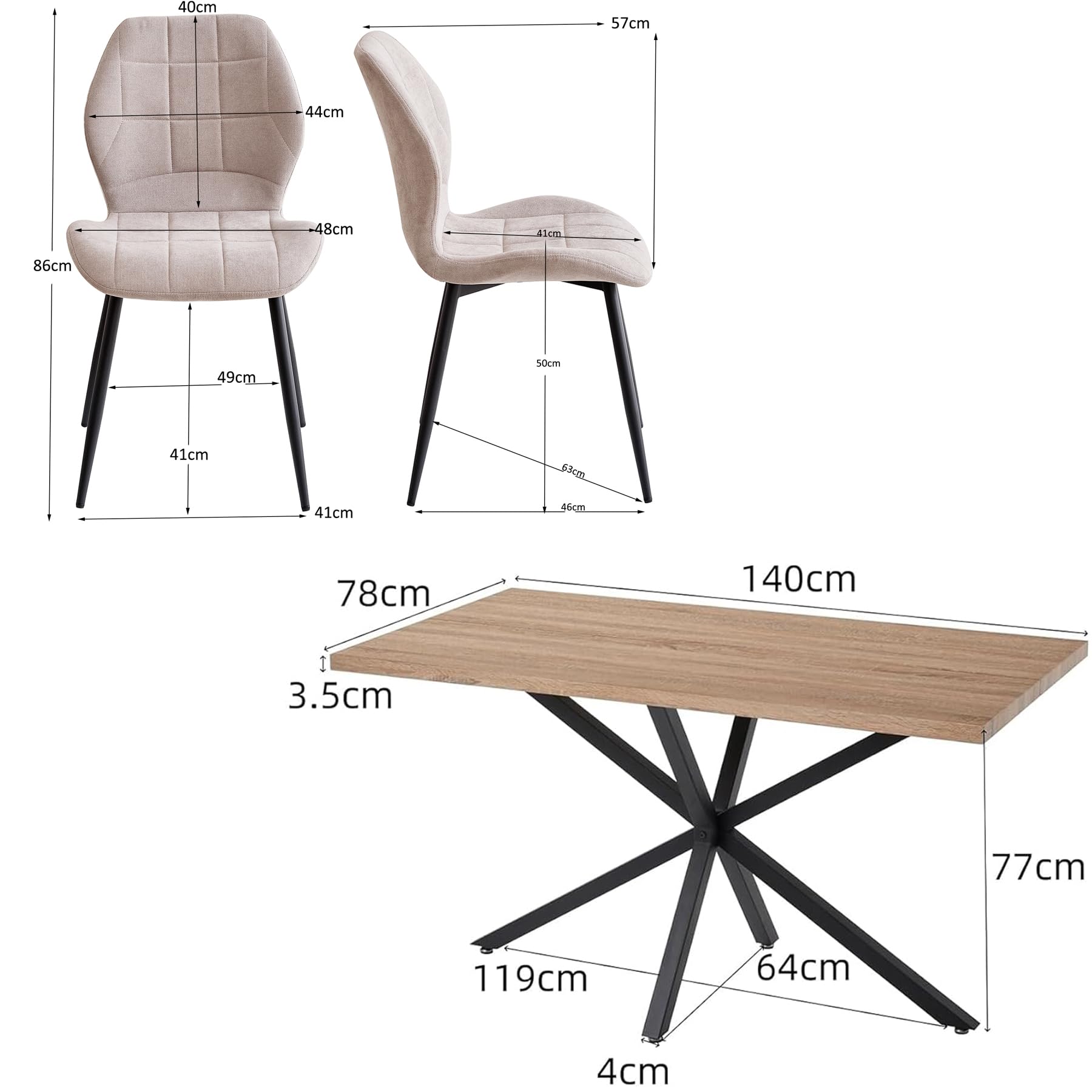 Set da Pranzo 140 x 78 x 77 CM Tavolo da Pranzo Rettangolare in Legno con 4 Sedie con Schienale Alto e Gambe in Metallo Laccato Nero (Tavolo Colore naturale + Sedia Beige)
