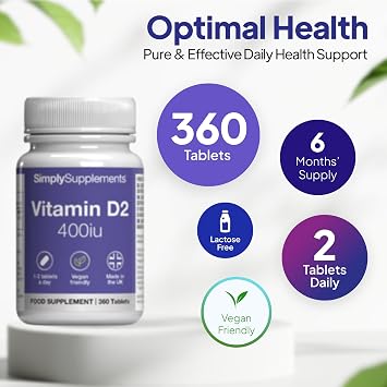 Vitamin D2 Tablets 400iu | 360 Tablets 6 Months' Supply | Supports Healthy Bones, Teeth, Muscles & Immune System | Vegetarian & Vegan Ergocalciferol | Manufactured in The UK