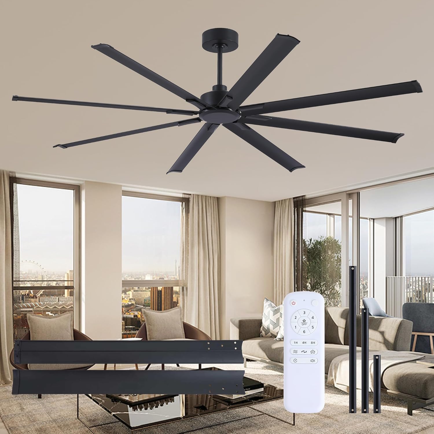 FUMLTP 96 inch Large Ceiling Fans No Lights with Remote Control,Black Modern Industrial Ceiling Fan for Garage Living Room Patio Farmhouse, 6 Speed Reversible Quiet DC Motor, Timer, 8 Blades.