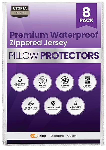 Utopia Bedding 8 Pack Waterproof Pillow Protectors with Zipper King Size (White), Bed Bug and Dust Mite Proof Pillow case Covers, Moisture Wicking Pillow Encasements 20 x 38 Inches