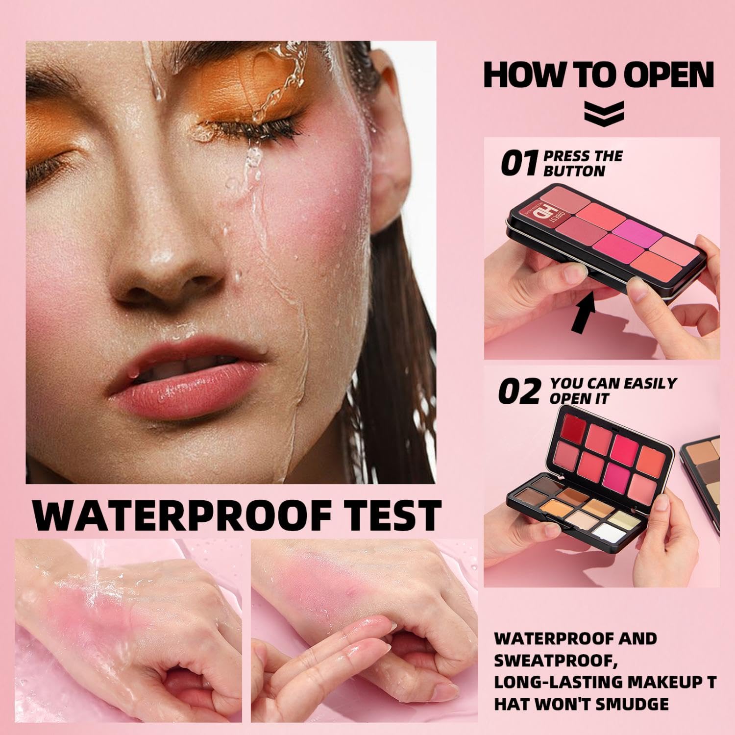 Paleta de sombra de ojos y rubor impermeable de 16 colores, de larga duración, a prueba de arrugas, corrector de cobertura completa y juego de maquillaje de contorno para iluminar, resaltar y acabado 4