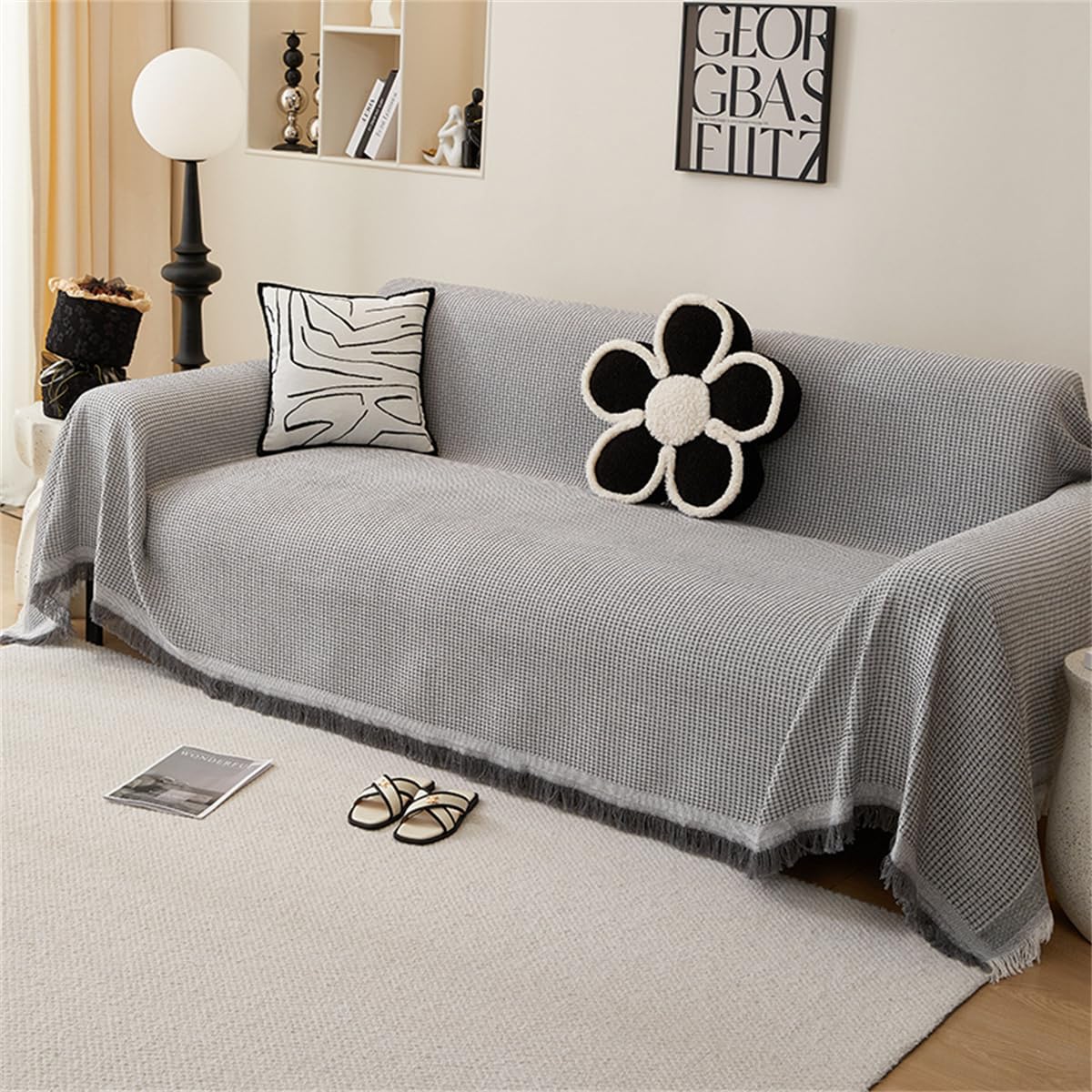 Xisnuient Cotton Sofas Throws Large 1/2/3/4 Seater, Bed Blanket Throws for Settees, Modern Solid Colour Non Slip Small Throw Sofa Covers King Size Blankets for Beds Double Cream Grey (Grey,90x150cm)