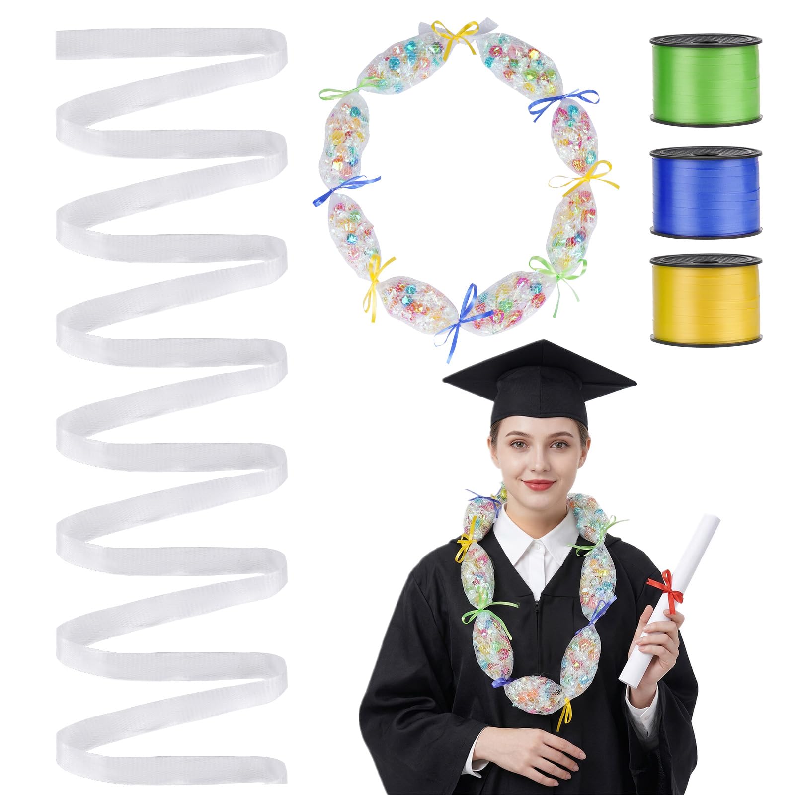 Sucrain 131 FT 2026 Graduation Candy Lei Netting Tubing,1 Roll Clear Graduation DIY Hawaiian Lei Mesh Bags with 3 Colors Ribbon Making Kit for Graduation Party Lei Kit DIY Wreaths Wedding