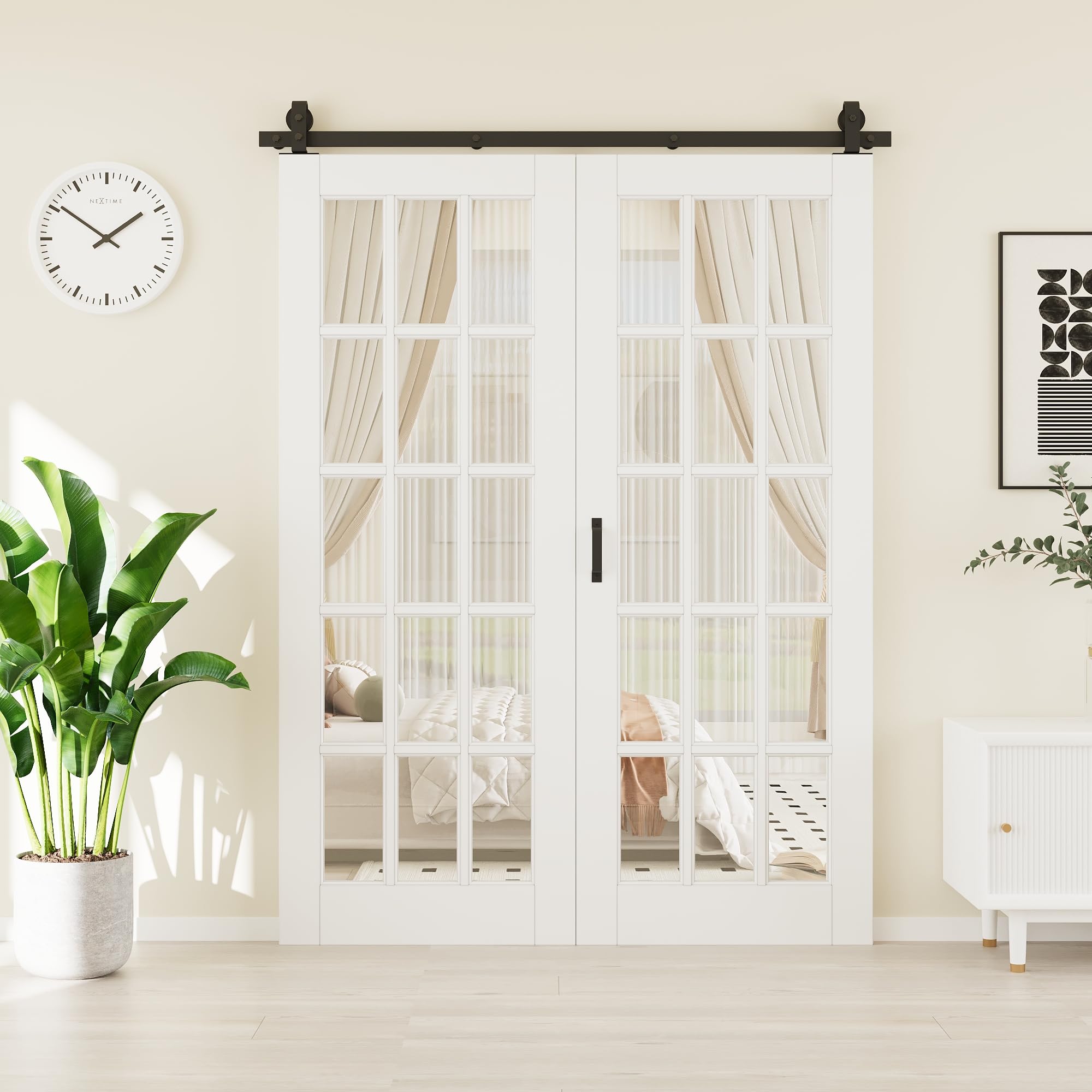 60"(30" x 2) x 80" 15-Lites Tempered Clear Glass Paintable Bifold Barn Door
