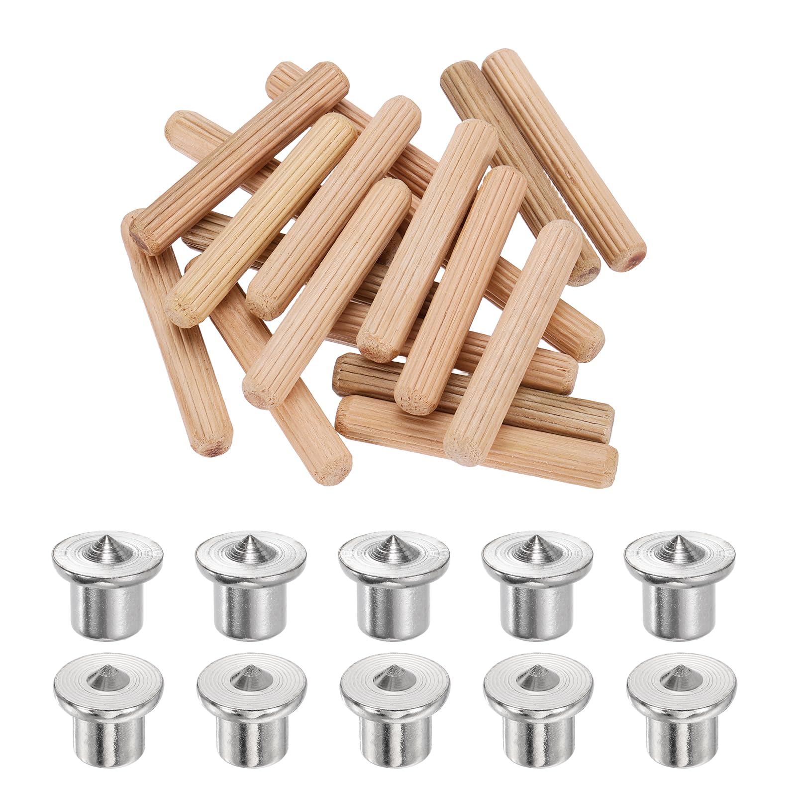 sourcing map 150Pcs Wood Dowel Pins, 8 x 50 mm Wooden Dowel Rods Straight Grooved Pins with 10Pcs Solid Hollow Dowels Tenon Center Transfer Plugs for Furniture Woodworking DIY Project