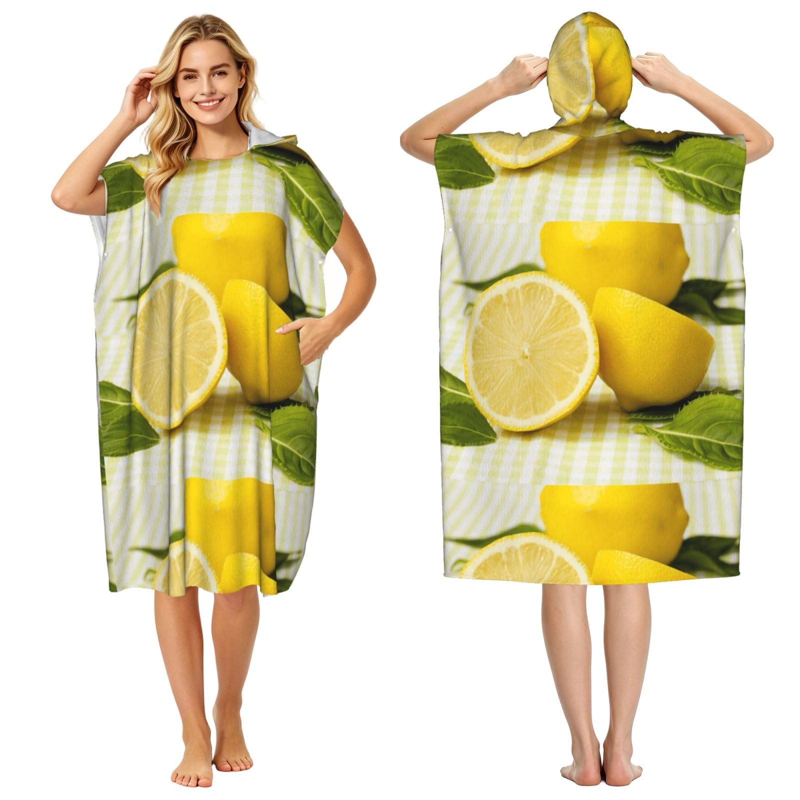 Poadnly Yellow Lemon, Adult Hooded Beach Towel 90 x 110 cm,Changing Bath Robe, Surf Poncho Towel For Women Men
