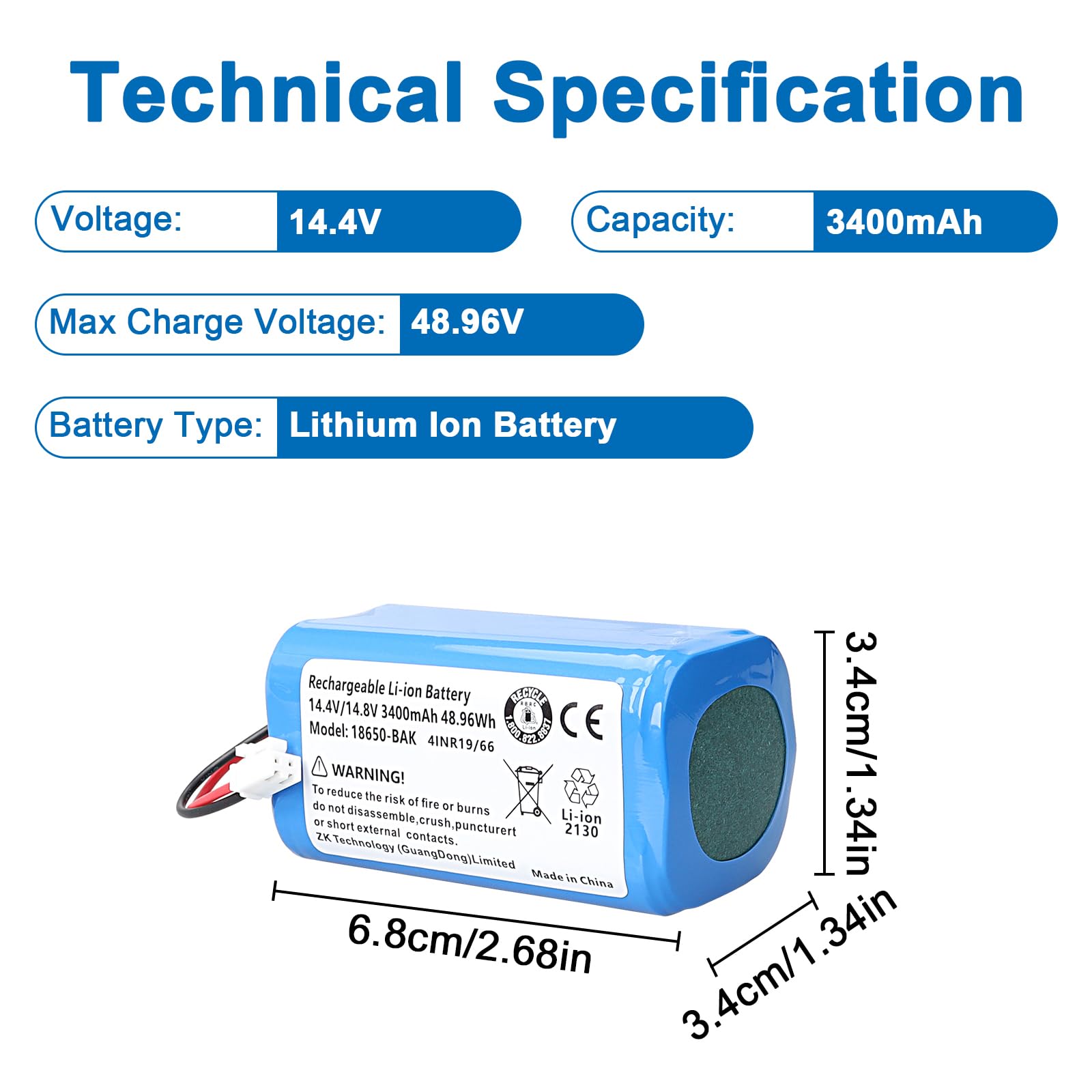 Batteria Shark Ion Robot 14.4V 3400mAh - Compatibile Con RV1001, R75, R85, RV751, RV2001