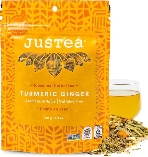 JusTea TURMERIC GINGER | Thé à base d'herbes de feuille en vrac 40+ Coupes (110g) | Caféine Gratuite Prix-Garantie , Commerce équitable , Non-OGM