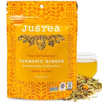 JusTea TURMERIC GINGER | Loose Leaf Herbal Tea | Recyclable Refill Pouch | 40+ Cups 3.9oz | Caffeine Free | Award-Winning | Fair Trade | Non-GMO