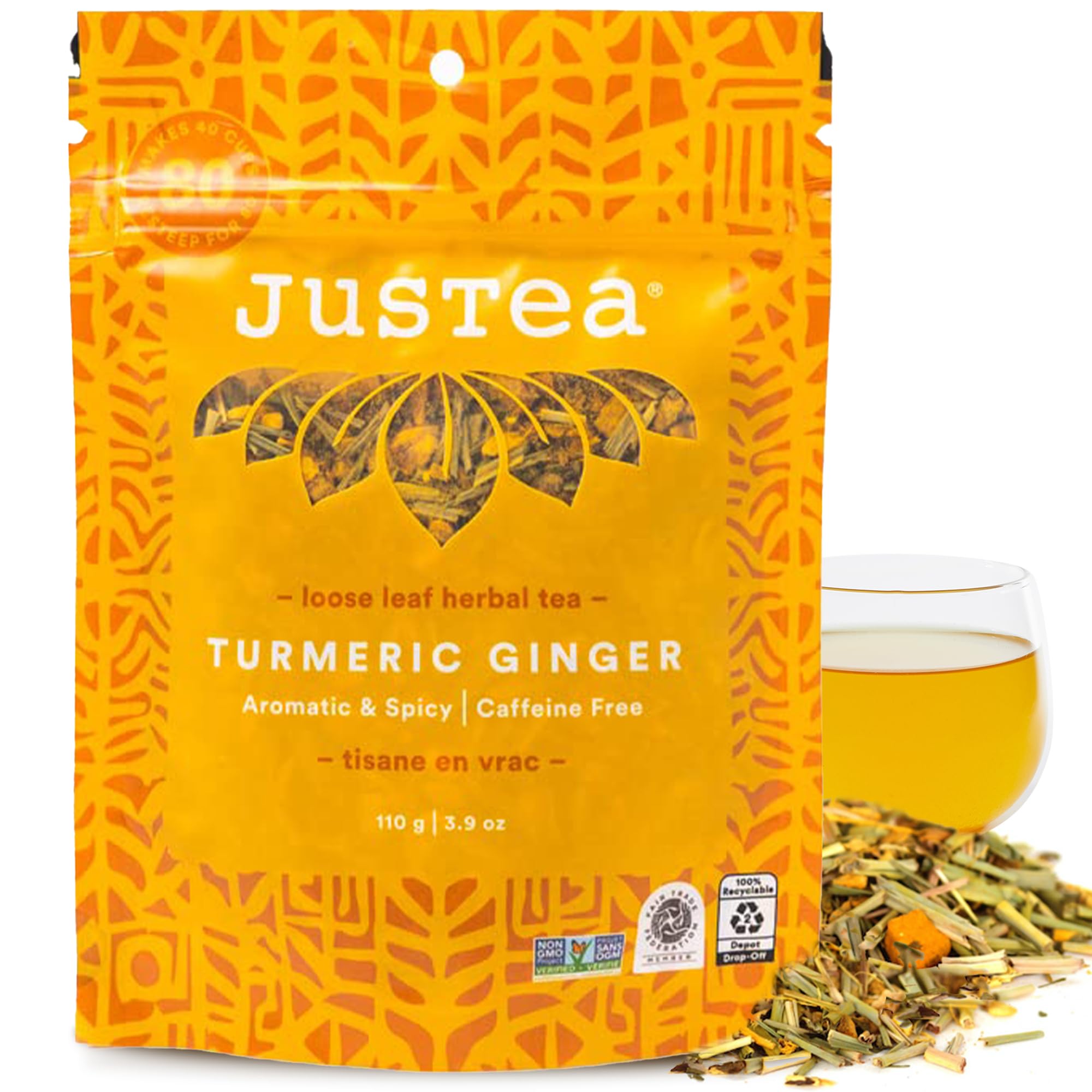 JusTea TURMERIC GINGER | Loose Leaf Herbal Tea | Recyclable Refill Pouch | 40+ Cups (3.9oz) | Caffeine Free | Award-Winning | Fair Trade | Non-GMO
