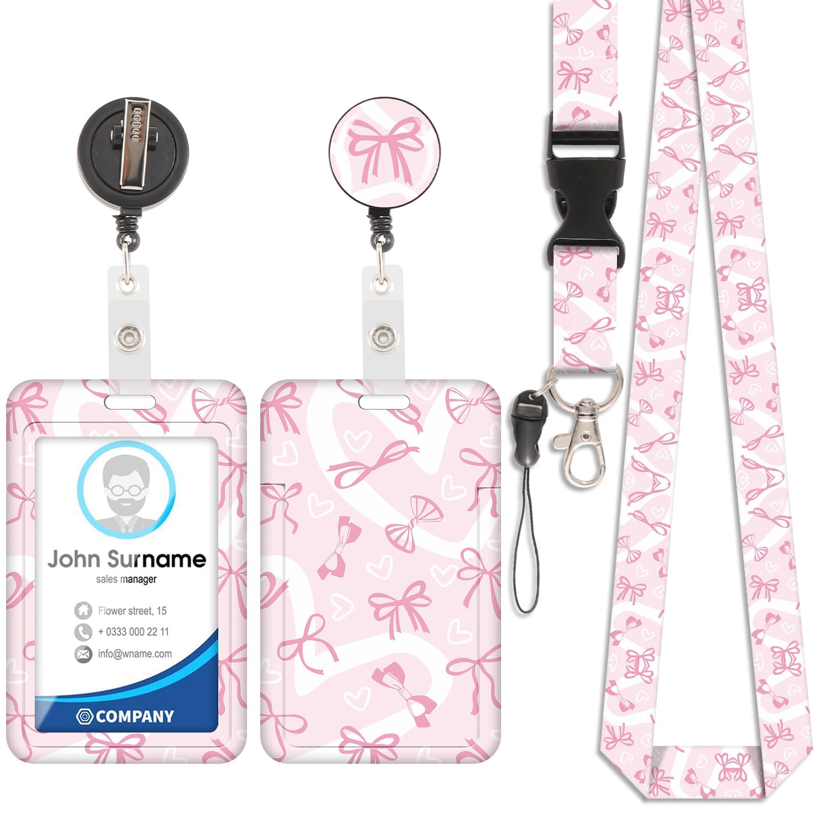 Badge Holder with Lanyard, ID Badge Holders with Detachable Cute Lanyard, Retractable Badge Reel Carabiner Clip, Personalized Vertical Card Cover Case Protector for Nurse Teacher Student (Bow-6)