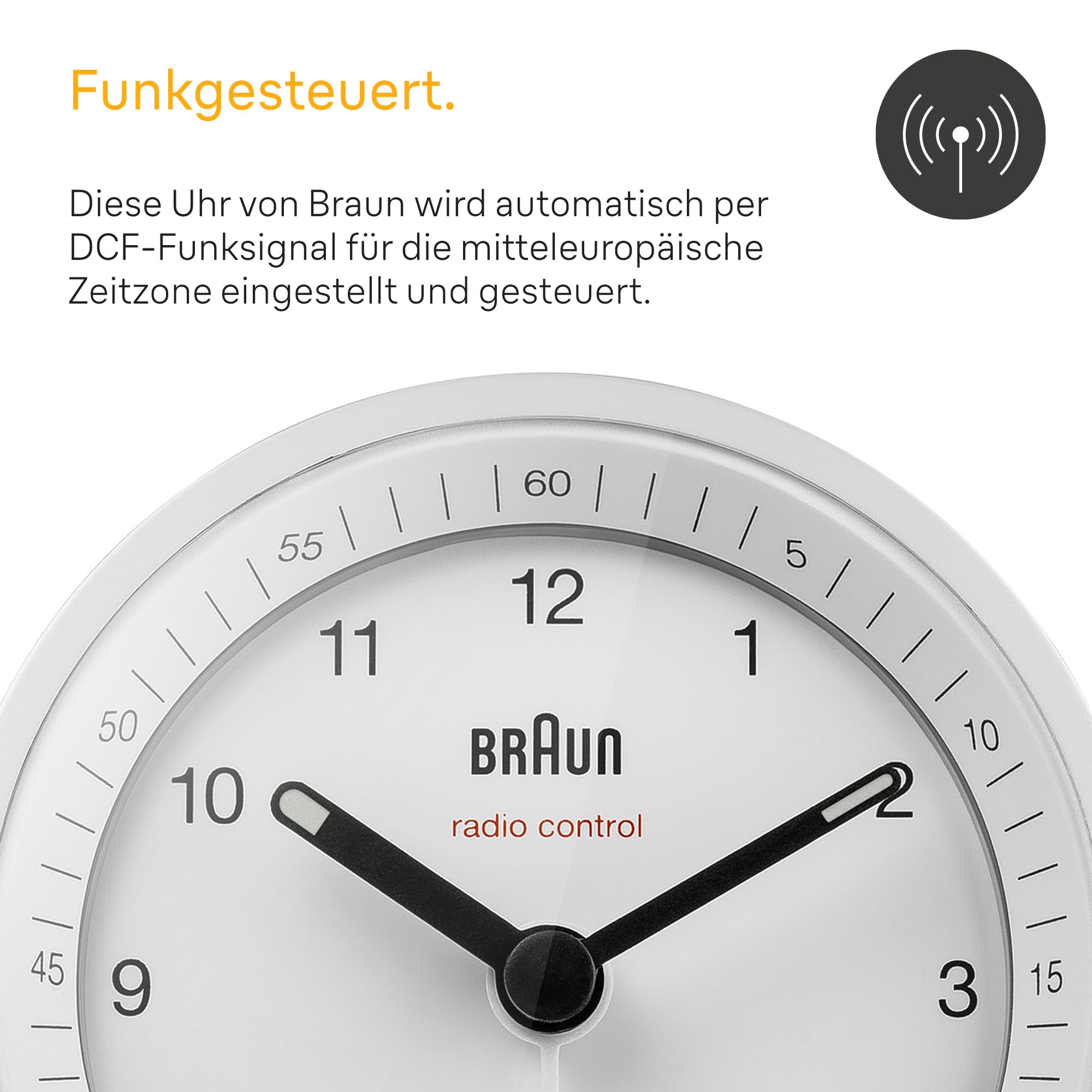 Klassischer analoger Funkwecker von Braun für die Mitteleuropäische Zeitzone (MEZ/GMT+1) mit Schlummerfunktion und Beleuchtung, ruhigem Uhrwerk, Crescendo-Alarm in Weiß, Modell BC07W-DCF
