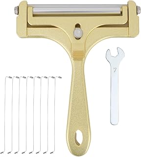 Stainless Steel Wire Cheese Slicer with 8 Replacement Wires & Wrench, Adjustable Handheld Butter Cutter Food Cutter for Mozzarella Cheddar Block Cheese & Butter Slicer Tools(Frosted Gold)