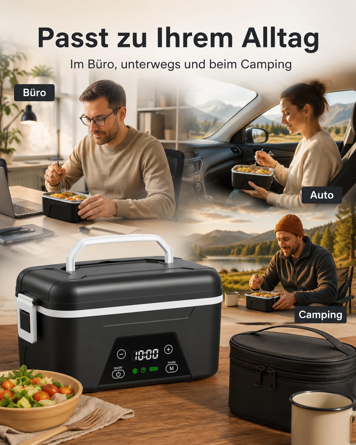 LANMOU Scaldavivande Elettrico Portatile, 1,5L Scaldavivande Batteria Ricaricabile USB, Batteria 18000 mAh, Timer, Acciaio Inox 304, Porta Pranzo Riscaldabile per Ufficio, Viaggio, Cantiere, Auto