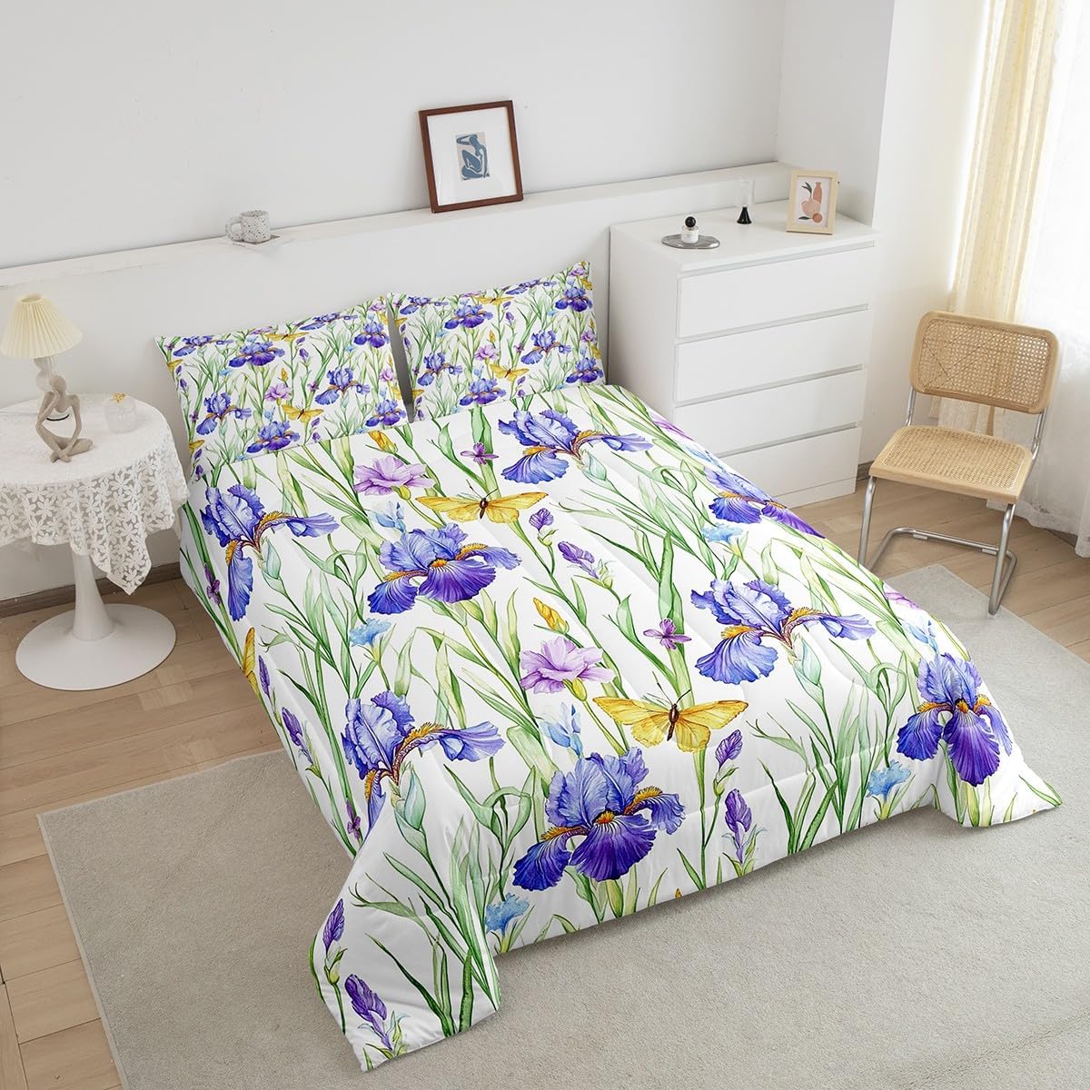 jejeloiu Blossoming Iris Flowers Comforter Set Queen Size Butterfly Bedding Set Girl Butterfly Floral Comforter Purple Flower Duvet Set Floral Botanical Quilt Set 3Pcs