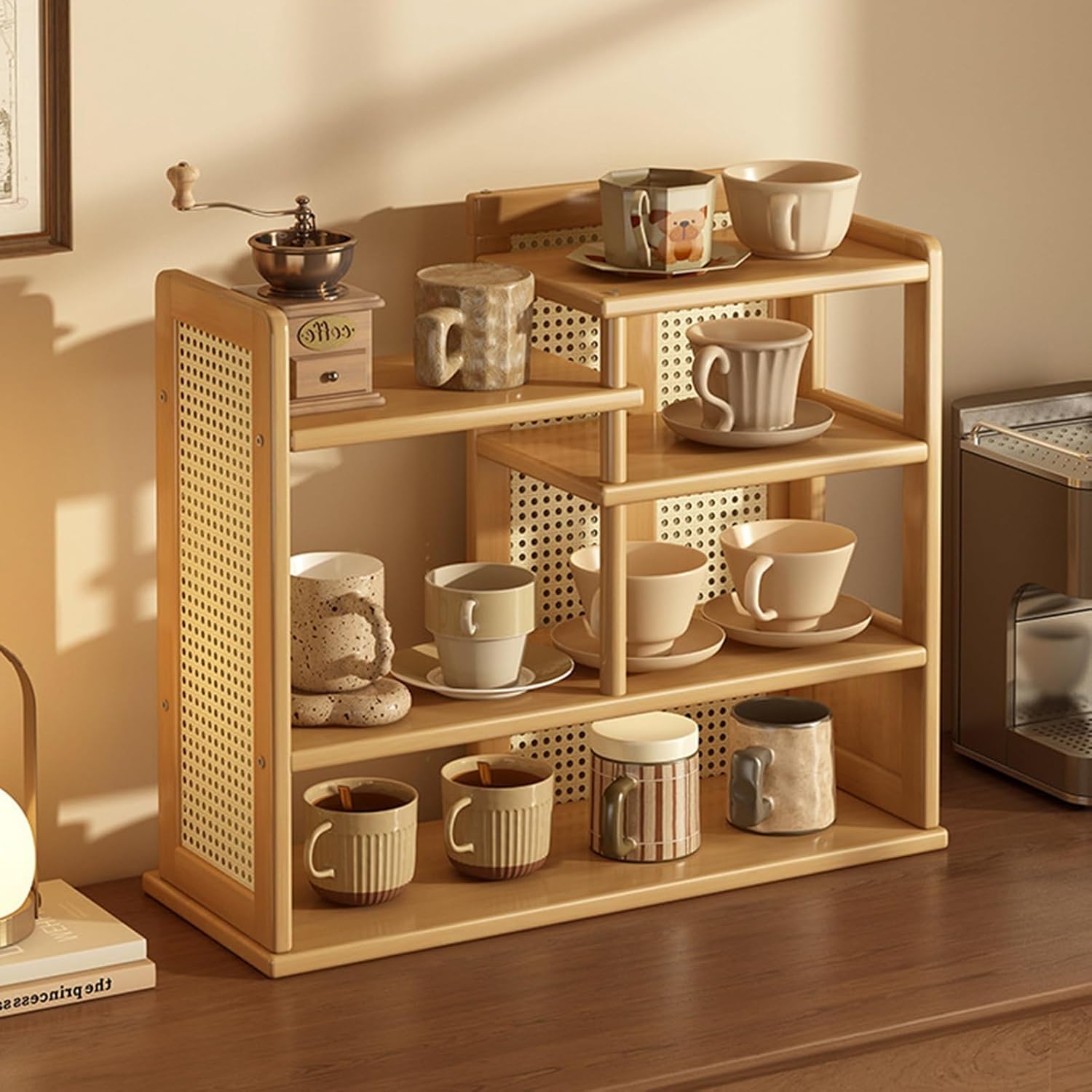 4 Tier Cup Mug Holder Wooden Bamboo Look, Condiment Storage Rack, Bathroom Stand Storage Shelf,Wood-60cm