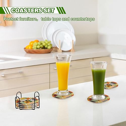 Miniatura 7 de Cup Coasters Set of 6 with Holder Drink Coasters for Tabletop Protection Aesthetic Coasters for Desk Porta Vasos para Mesas Retro Floral Buffalo