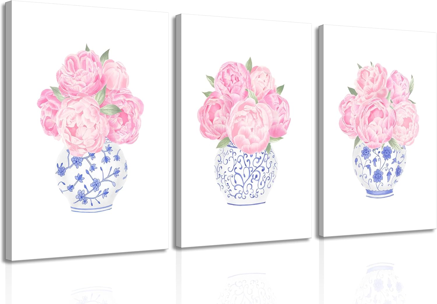 3pcs Pink Peonies Floral Canvas Wall Art Chinoiserie Blue And White Vase Wall Decor Pictures Preppy Aesthetic Posters Prints for Dorm Apartment Woman Bedroom Decoration (Canvas, 12x16in)