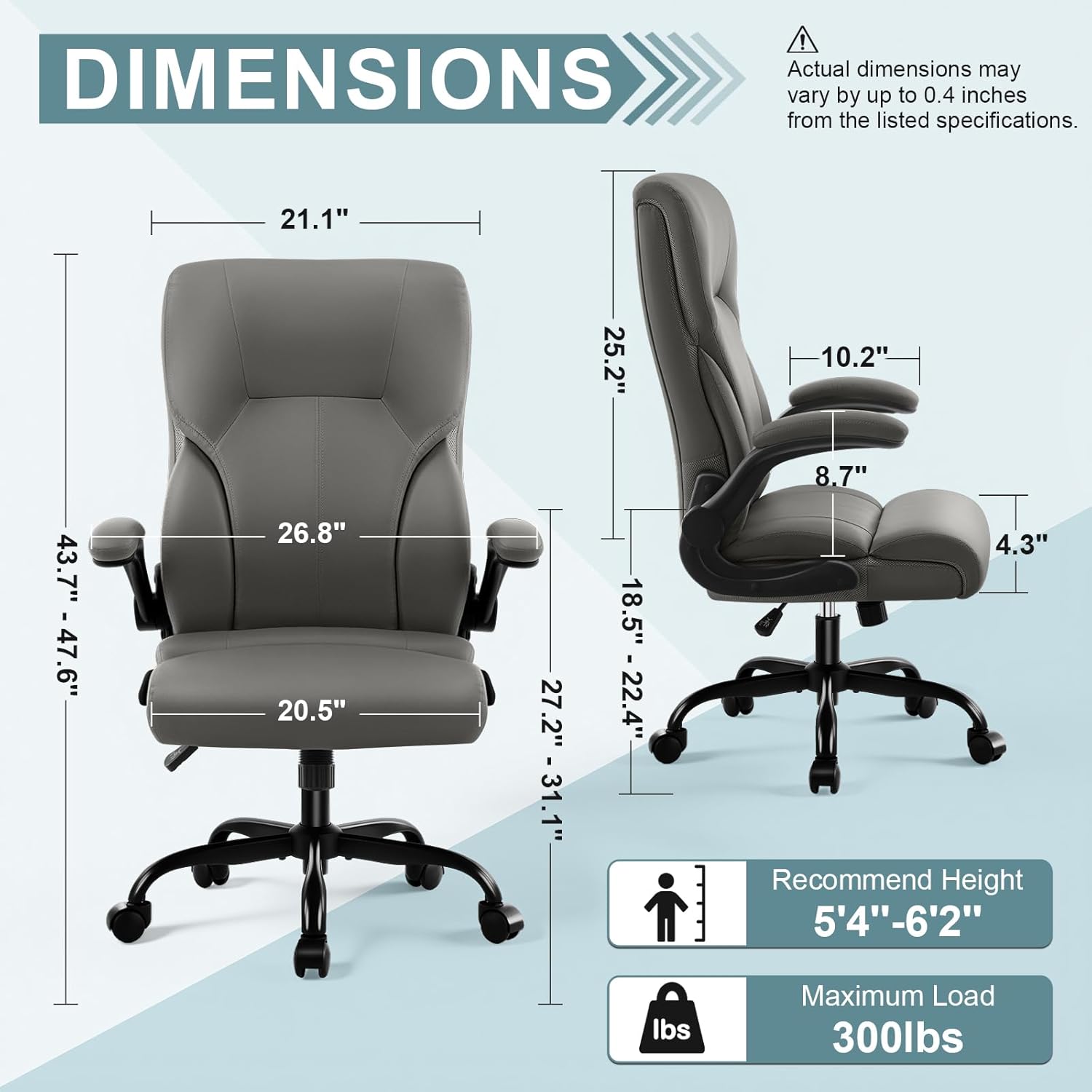Executive Office Chair,High Back Ergonomic Comfy Desk Chair with Padded Flip-up Armrests and Wheels,PU Leather Heavy Duty Computer Swivel Rolling Task Chair for Home Office,Adults,Gray