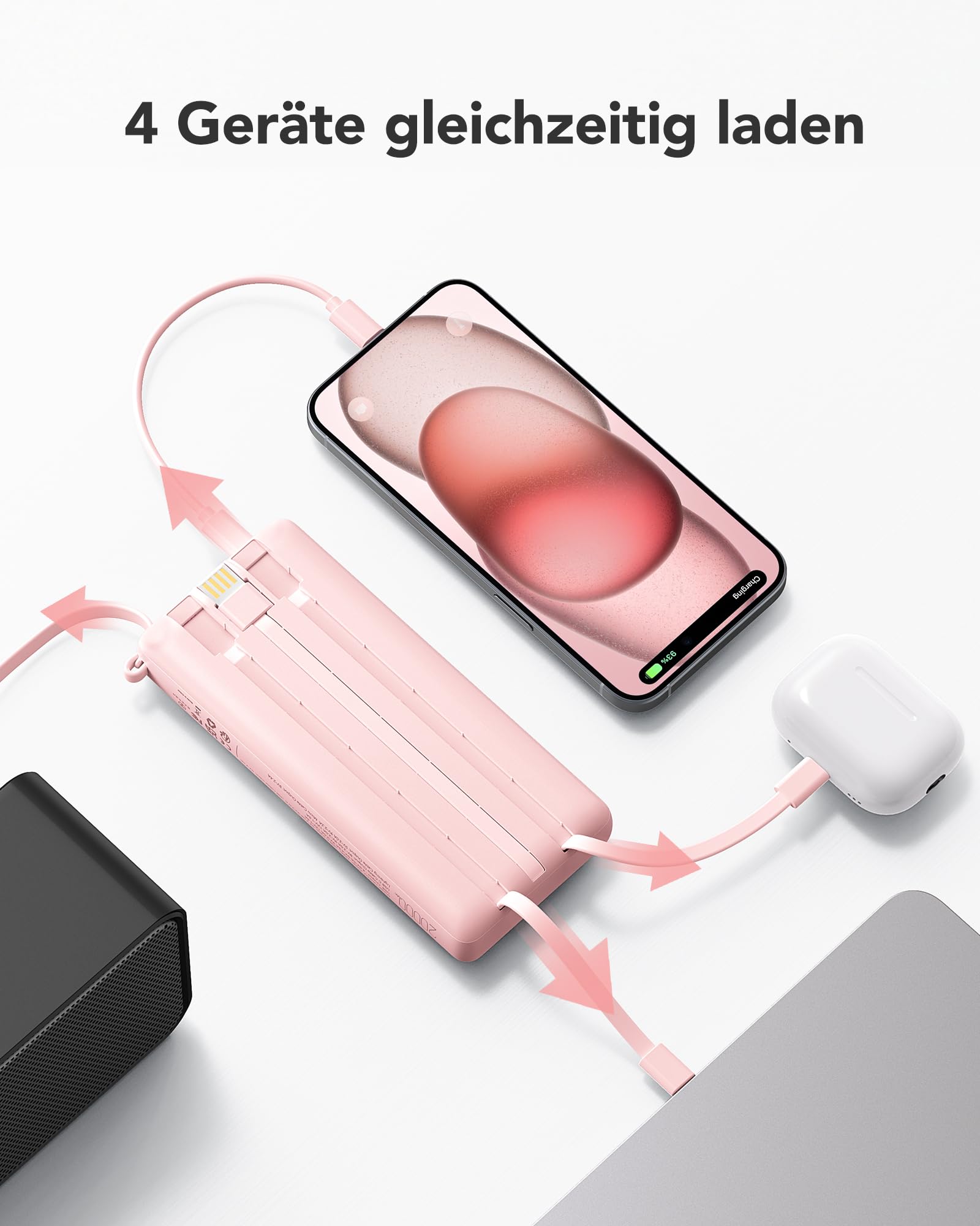 VRURC Powerbank 22.5W Schnelles Aufladen, 20000mAh Power Bank mit Kabel Tragbares Ladegerät USB C LED Display Externer Handyakkus Smartphone Kompatibel mit iPhone, Huawei, Samsung usw - Rosa