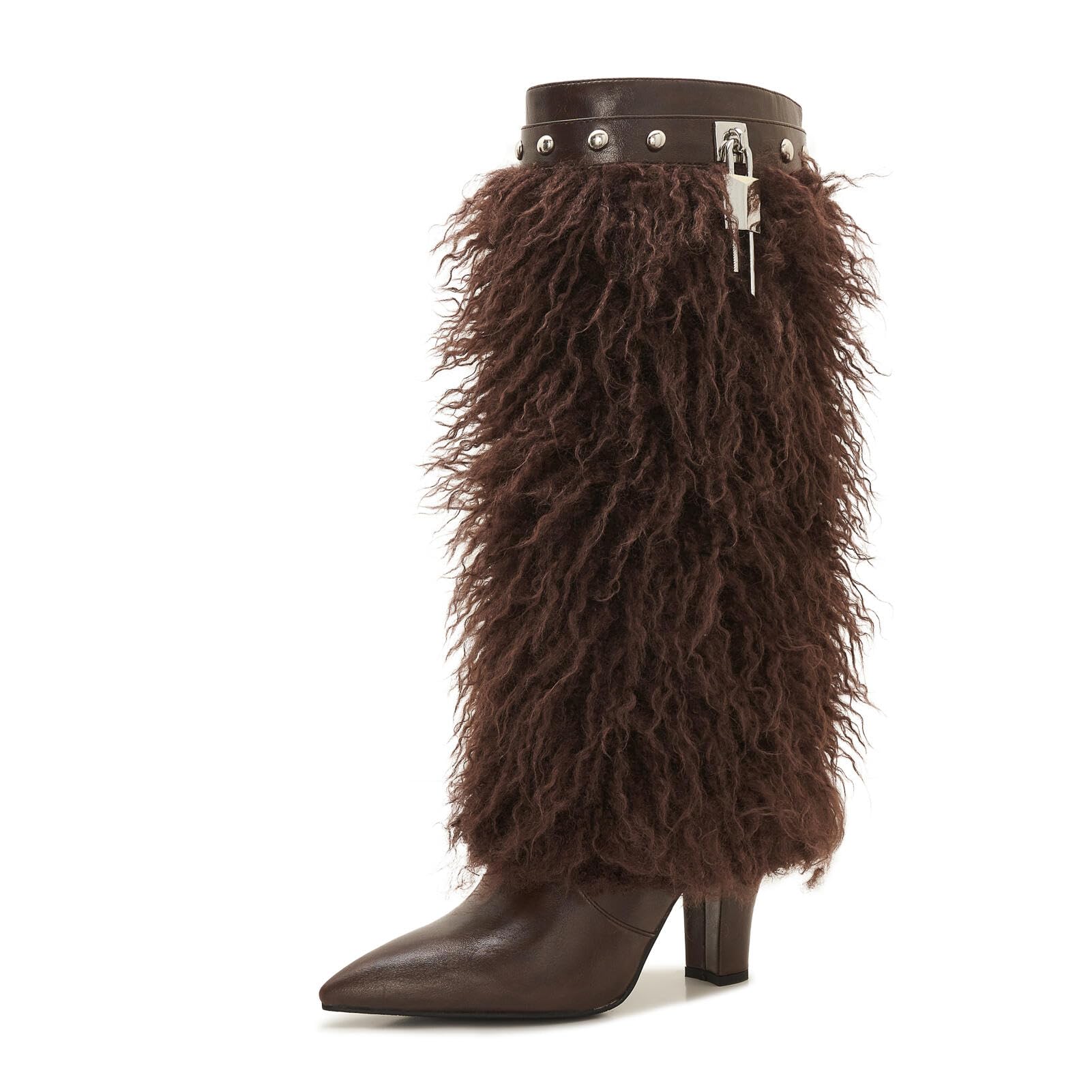 Knee High Fur Boots for Women Fluffy Faux Fur Winter Boots with Chunky Heel Warm Suede Snow Boot