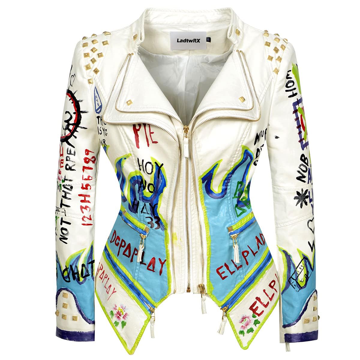 LadtwRX Women's Faux Leather Textured Hand Painted Graffiti Studded Rivet Moto Lady Fit Jacket Zip-up Slim PU Biker Coat