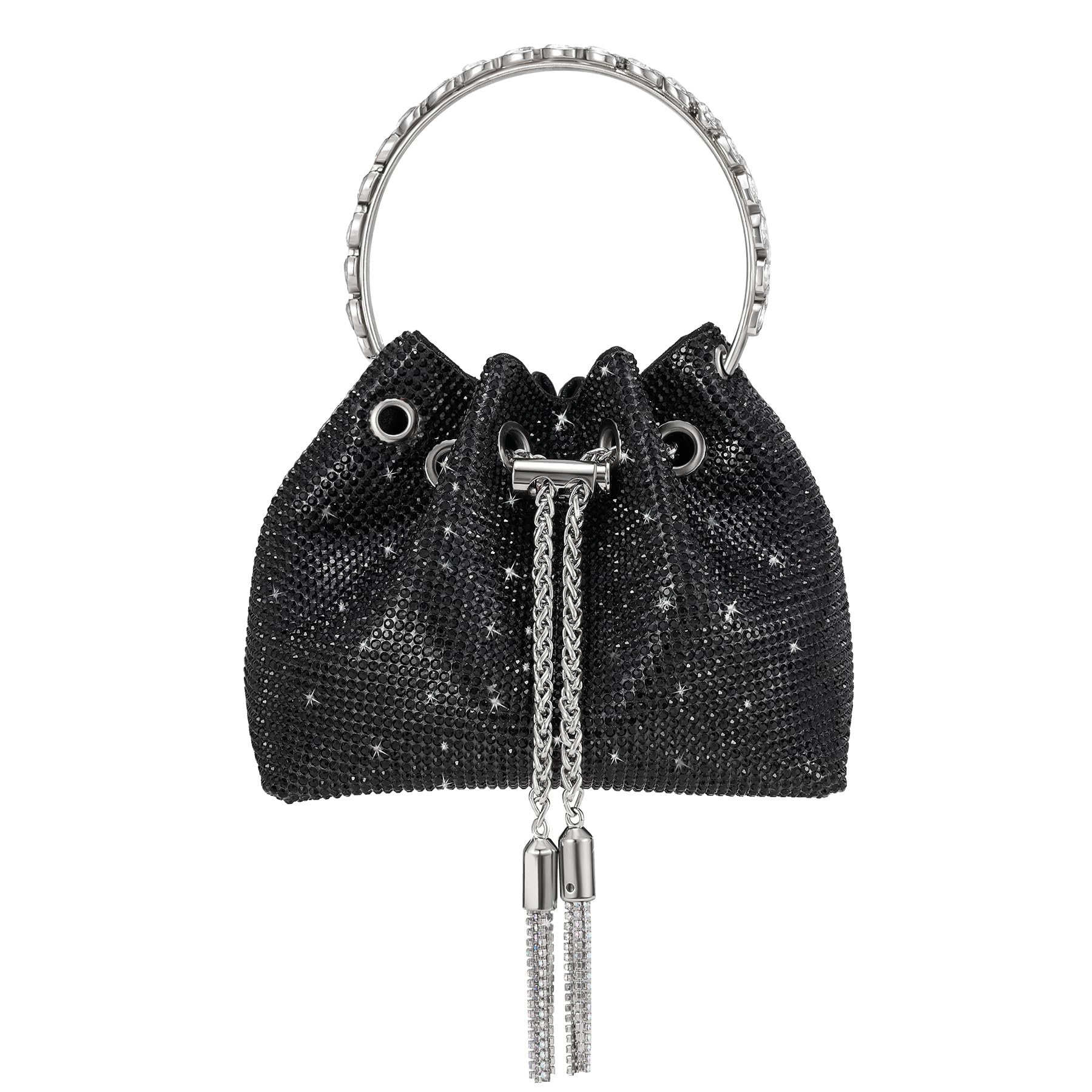 Rhinestone Satin Top Handle Bucket Evening Bag