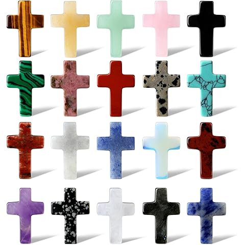 QINJIEJIE Cross Crystal Stones Bulks Pocket Crosses Natural Gemstone 1'' Worry Stones Charm 20PCS Palm Stone for Crafts Necklace Bracelet Jewelry Making Christian Easter Halloween Decor Gifts