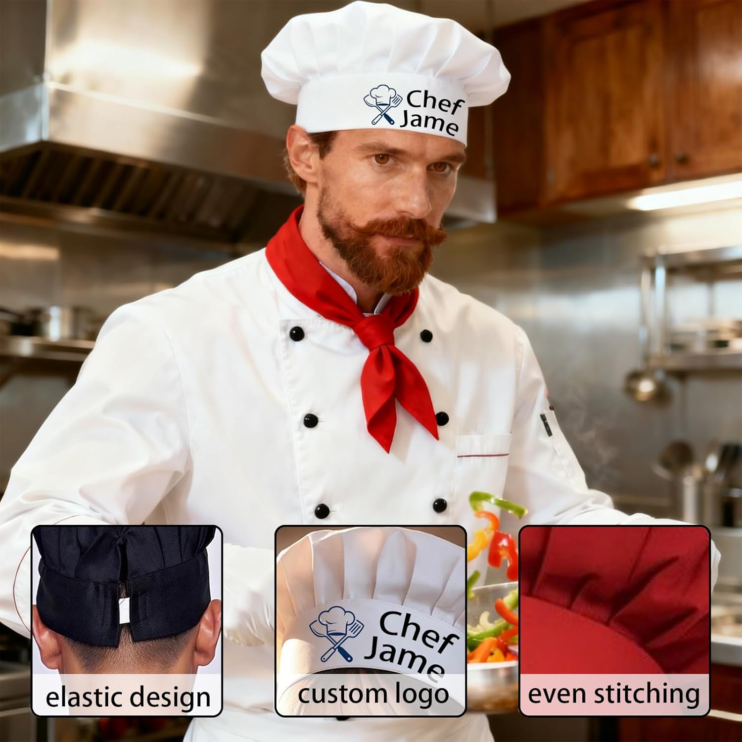 Personalized Grill Pizza Chef Hat with Name Logo Adjustable Chef Hats for Adults Custom Cooking Chef Hat - Image 2