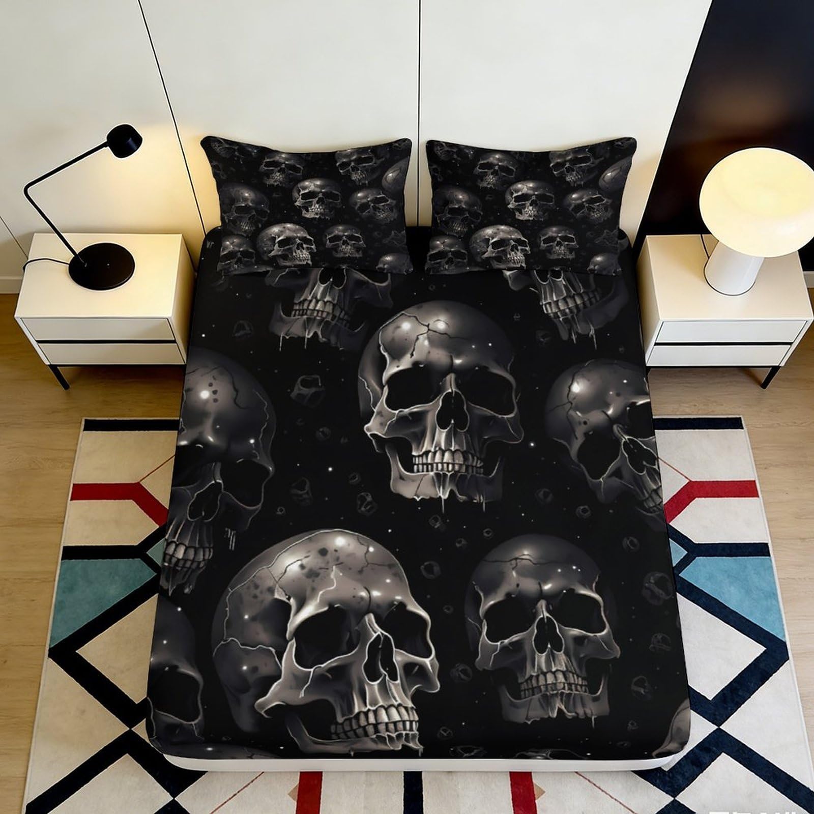 3D Printed Black Skull Fitted Sheet Microfiber Soft Gothic Skeleton Bed Cover for Bedroom Dorm Easy Care Decor 90x200x25cm
