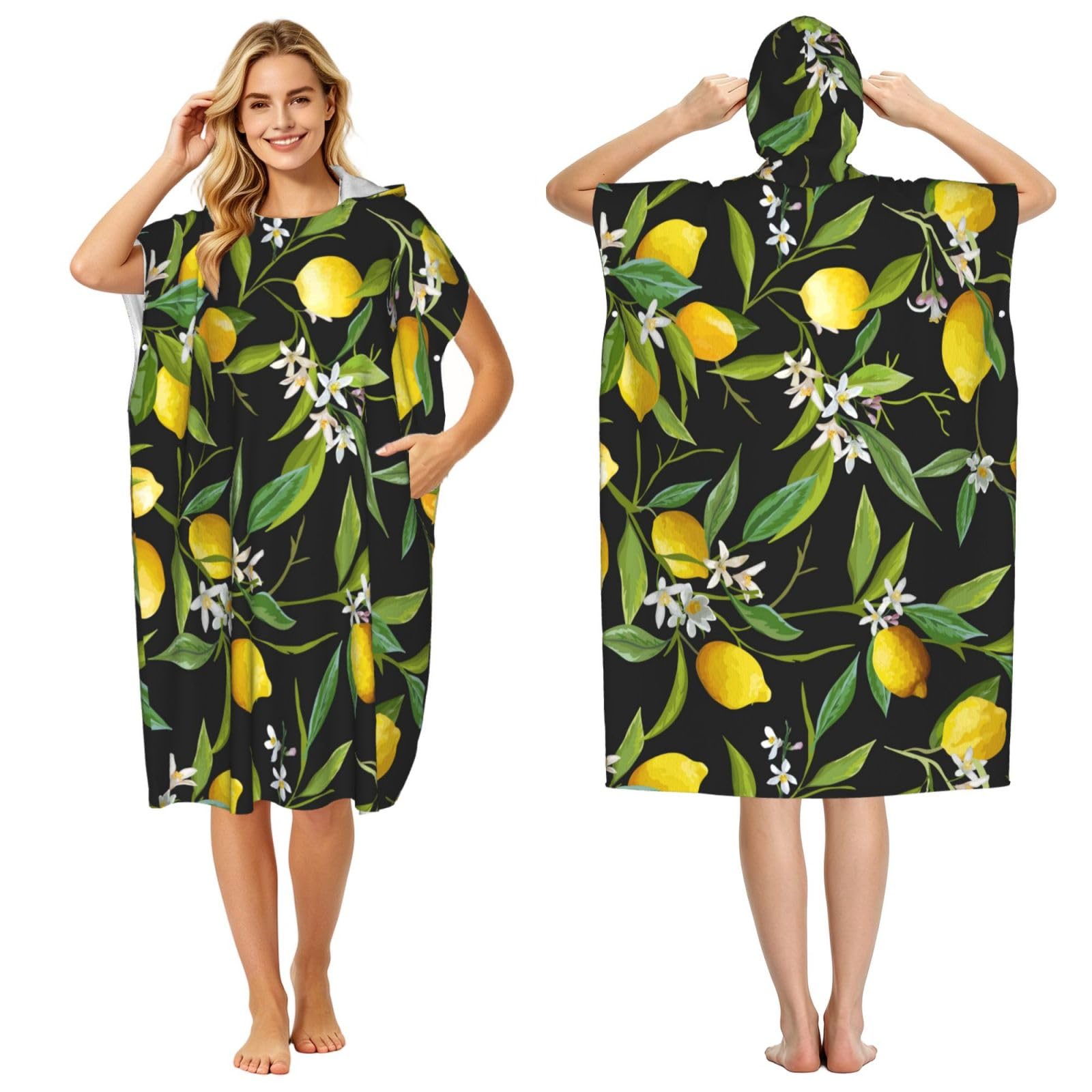 Poadnly Lemon And Flower, Adult Hooded Beach Towel 90 x 110 cm,Changing Bath Robe, Surf Poncho Towel For Women Men
