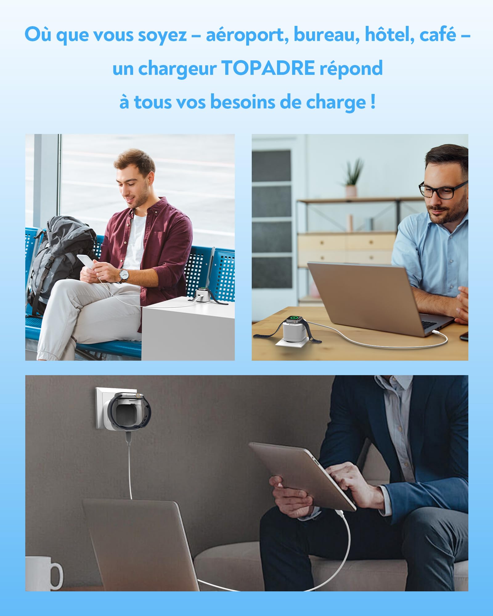 Chargeur USB-C 65 W pour Apple Watch, Chargeur USB-C 3-en-1 pour iPhone 65 W, Chargeur Rapide PD 3.0 pour iWatch 11/10/9/8/7/Ultra/SE, Adaptateur Secteur pour MacBook Pro/Air, iPad Pro/Air, Blanc